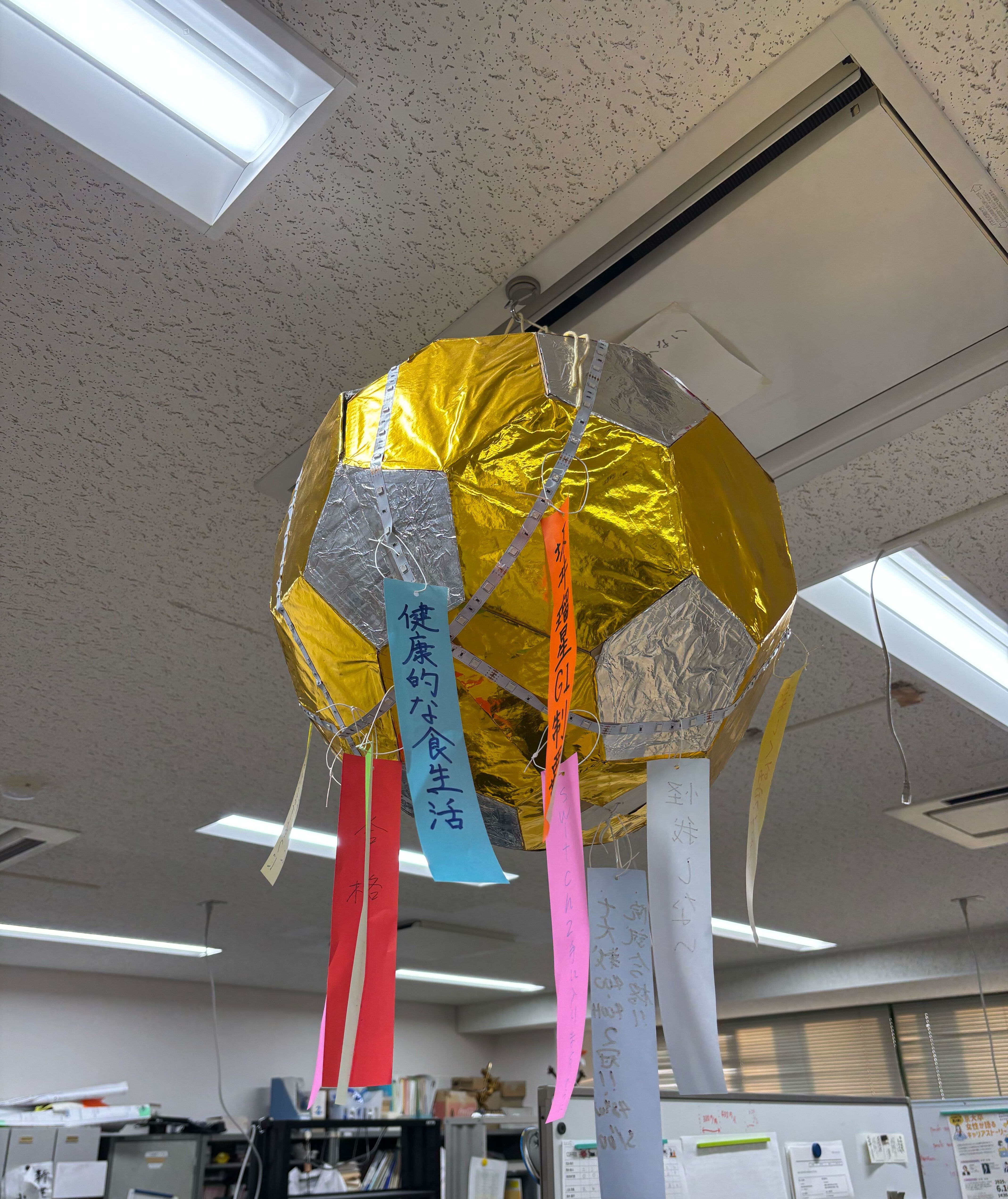 ミラーボールに吊るされる七夕の短冊